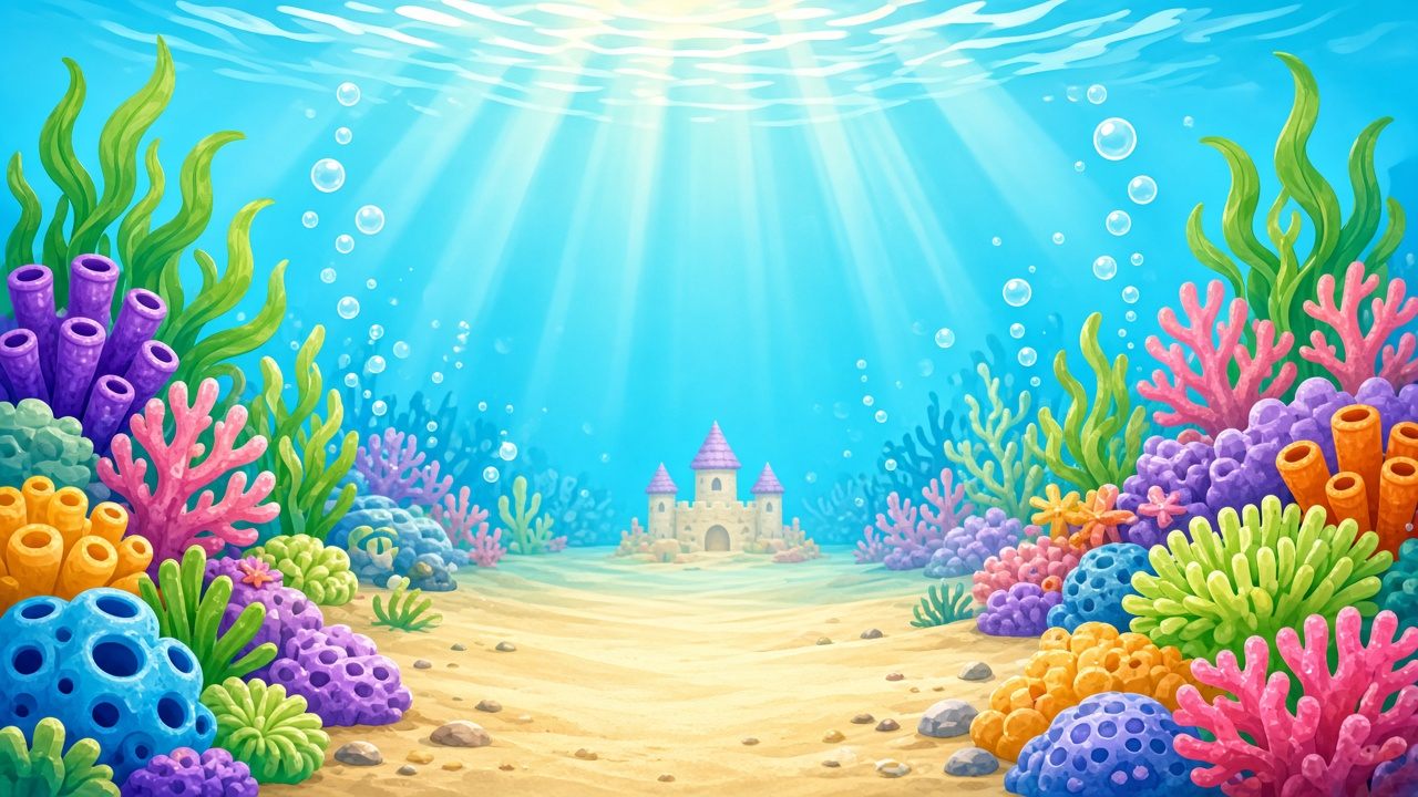 A sunny reef with a sandcastle, coral, and light coming down through the water.