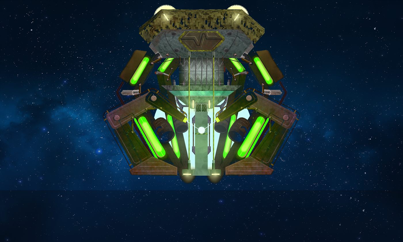 A colony headquarters with green docking lights, hanging in a blue starfield.